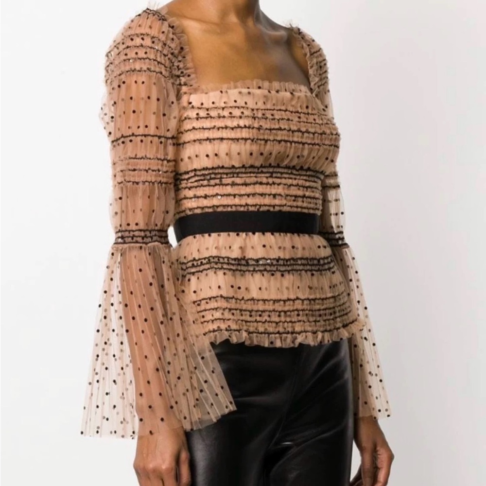 NWOT Self-Portrait Shirred Sheer Polka Dot Top in Tan / Nude & Black - 0 (XS) - Picture 2 of 10